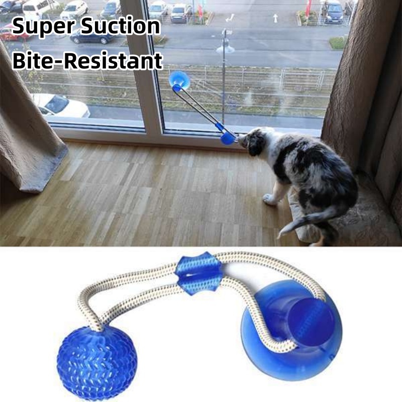 Suction Cup Dog Tug Toy - 耐久性のある吸盤付き犬用おもちゃ、インタラクティブTPR噛むボール、臼歯洗浄おもちゃ、子犬、中型犬、噛む力の強い犬用