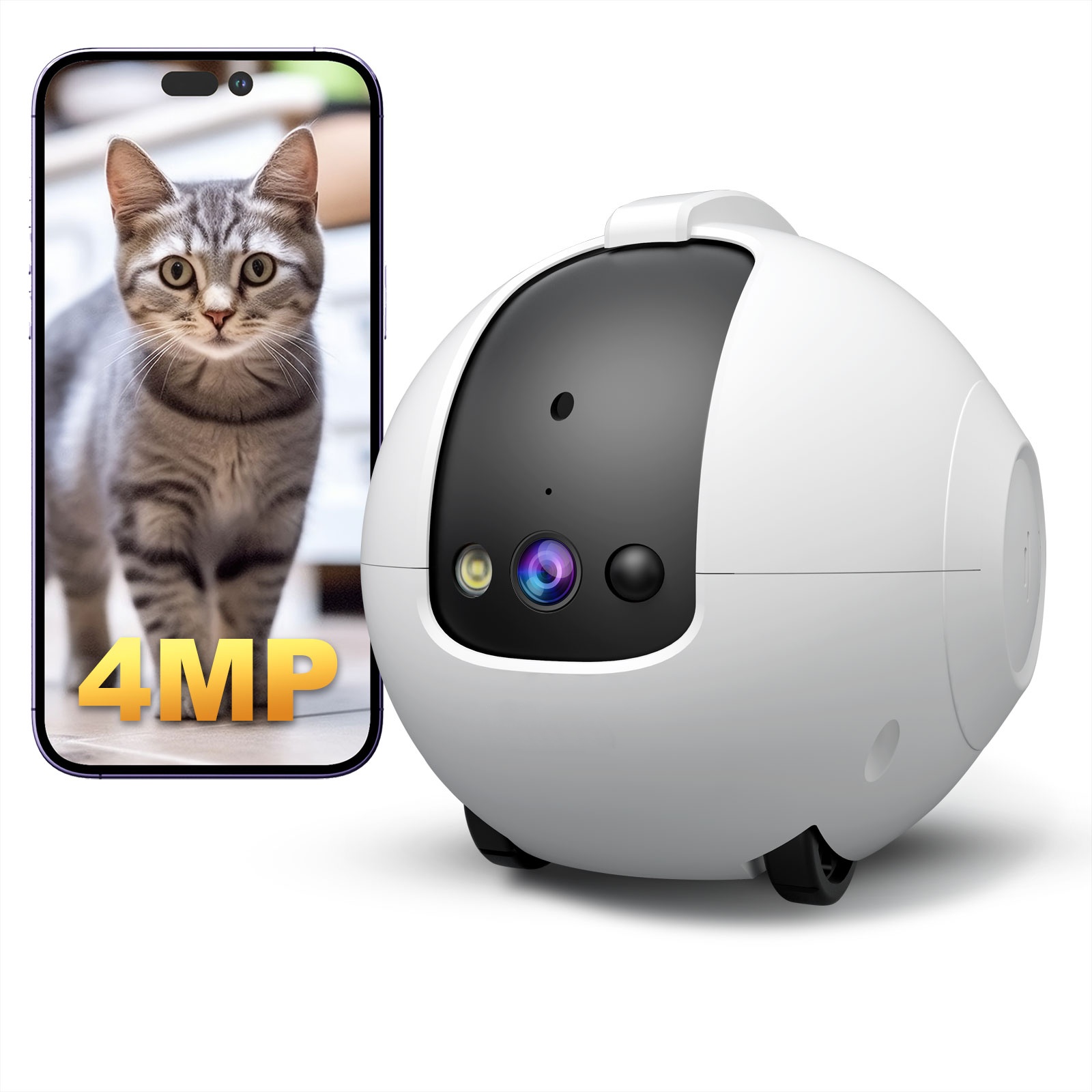 Cat Toys - ペット用カメラロボット 4MP、双方向音声対応、2.4GHz Wi-Fi接続、猫用ロボットおもちゃ、猫や犬の様子を監視できるペット用カメラ。