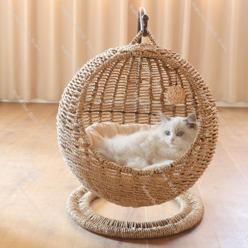籐製猫用ハンギングバスケットベッド、丸型半密閉型ハンモックス - Pet Beds のレビューと価格